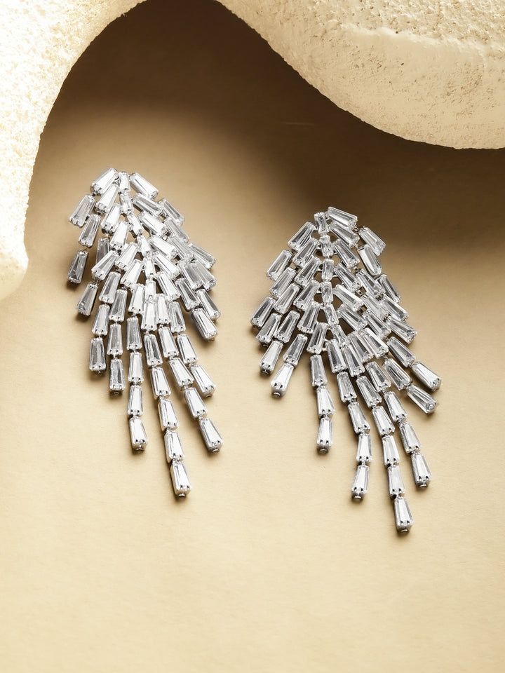 Rubans Voguish Rhodium-Plated Crystal White AD & Cubic Zirconia Tassel Danglers Earrings
