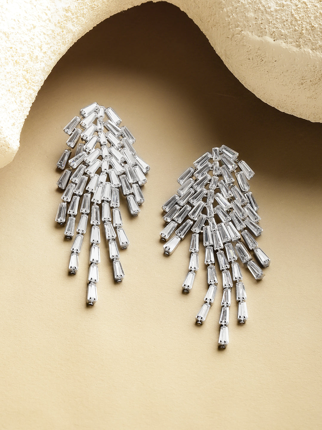 Rubans Voguish Rhodium-Plated Crystal White AD & Cubic Zirconia Tassel Danglers Earrings