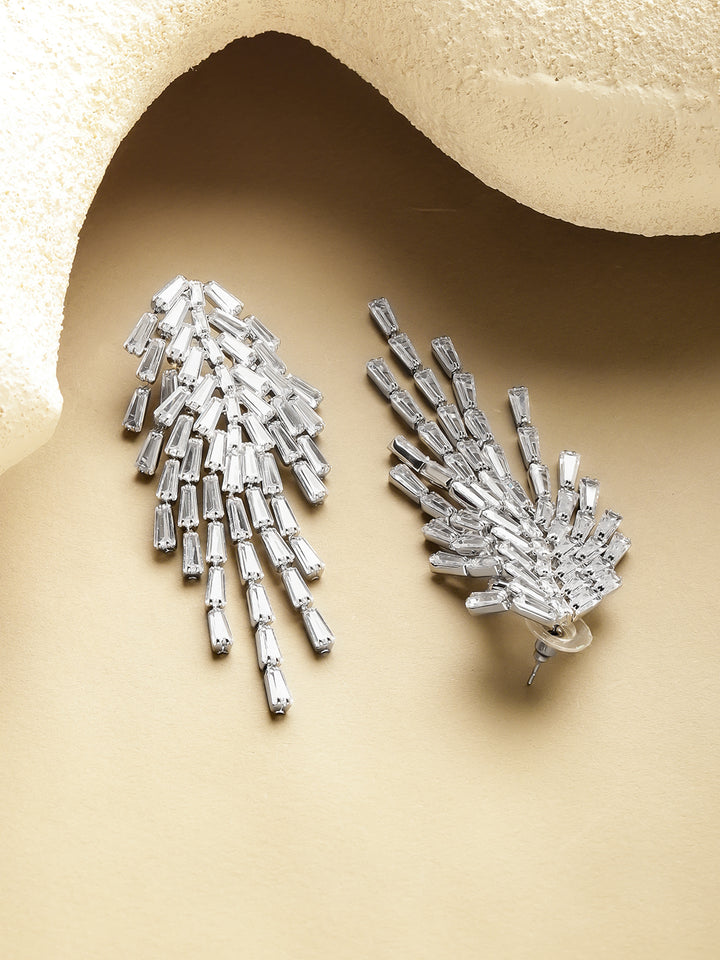 Rubans Voguish Rhodium-Plated Crystal White AD & Cubic Zirconia Tassel Danglers Earrings