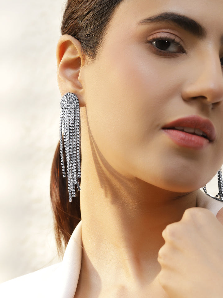Rubans Voguish Rhodium-Plated Crystal White AD Long Tassel Glam Danglers Earrings
