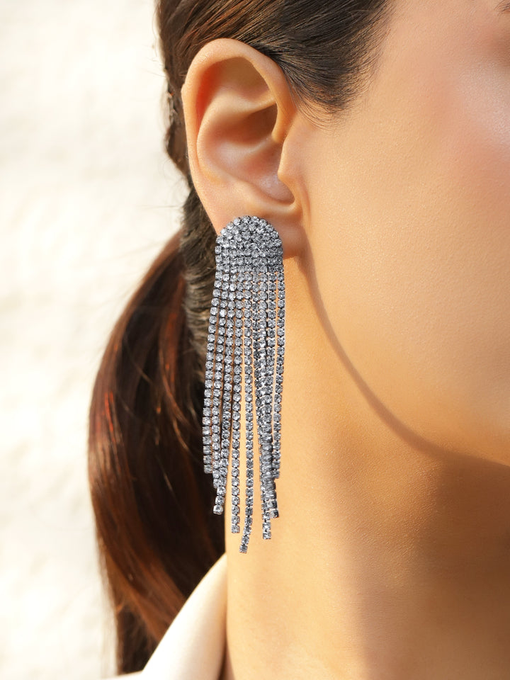 Rubans Voguish Rhodium-Plated Crystal White AD Long Tassel Glam Danglers Earrings