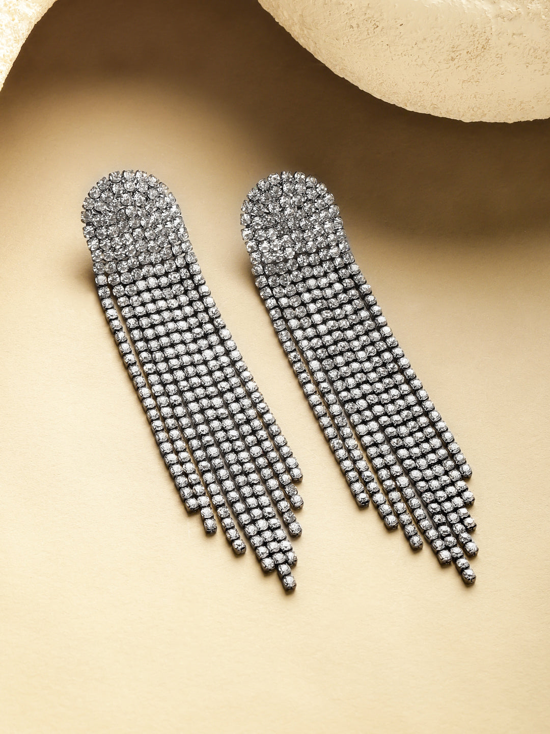 Rubans Voguish Rhodium-Plated Crystal White AD Long Tassel Glam Danglers Earrings