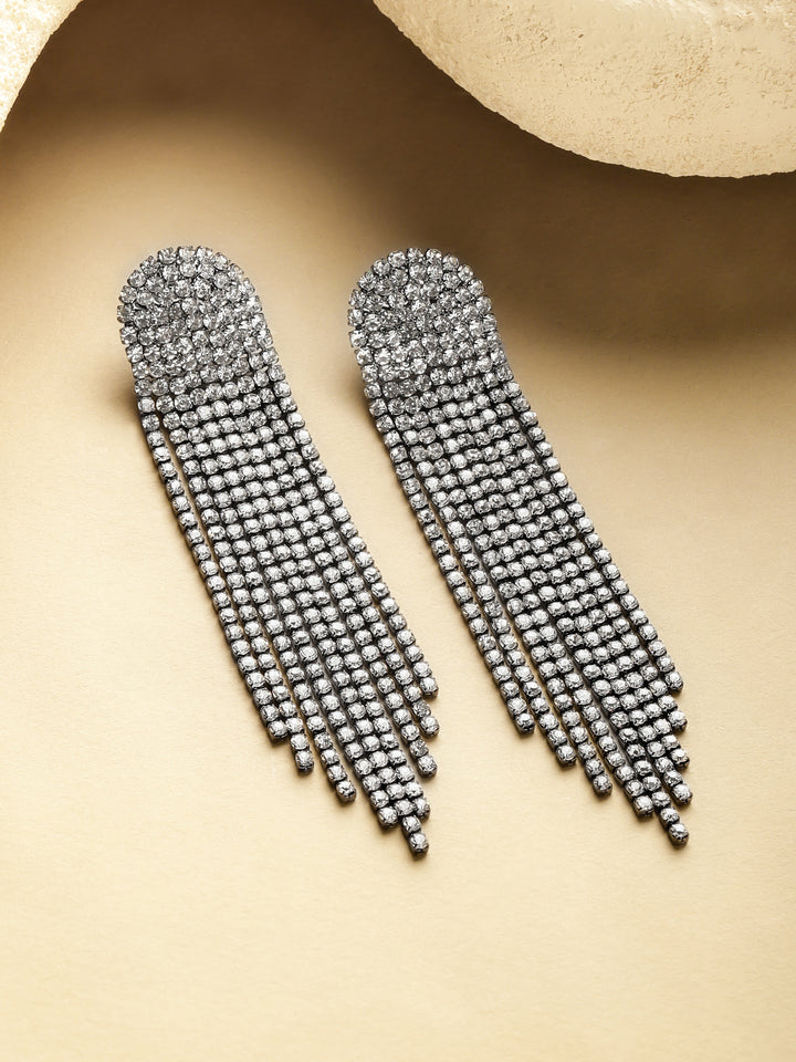 Rubans Voguish Rhodium-Plated Crystal White AD Long Tassel Glam Danglers Earrings