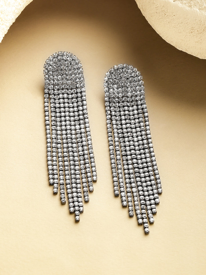 Rubans Voguish Rhodium-Plated Crystal White AD Long Tassel Glam Danglers Earrings