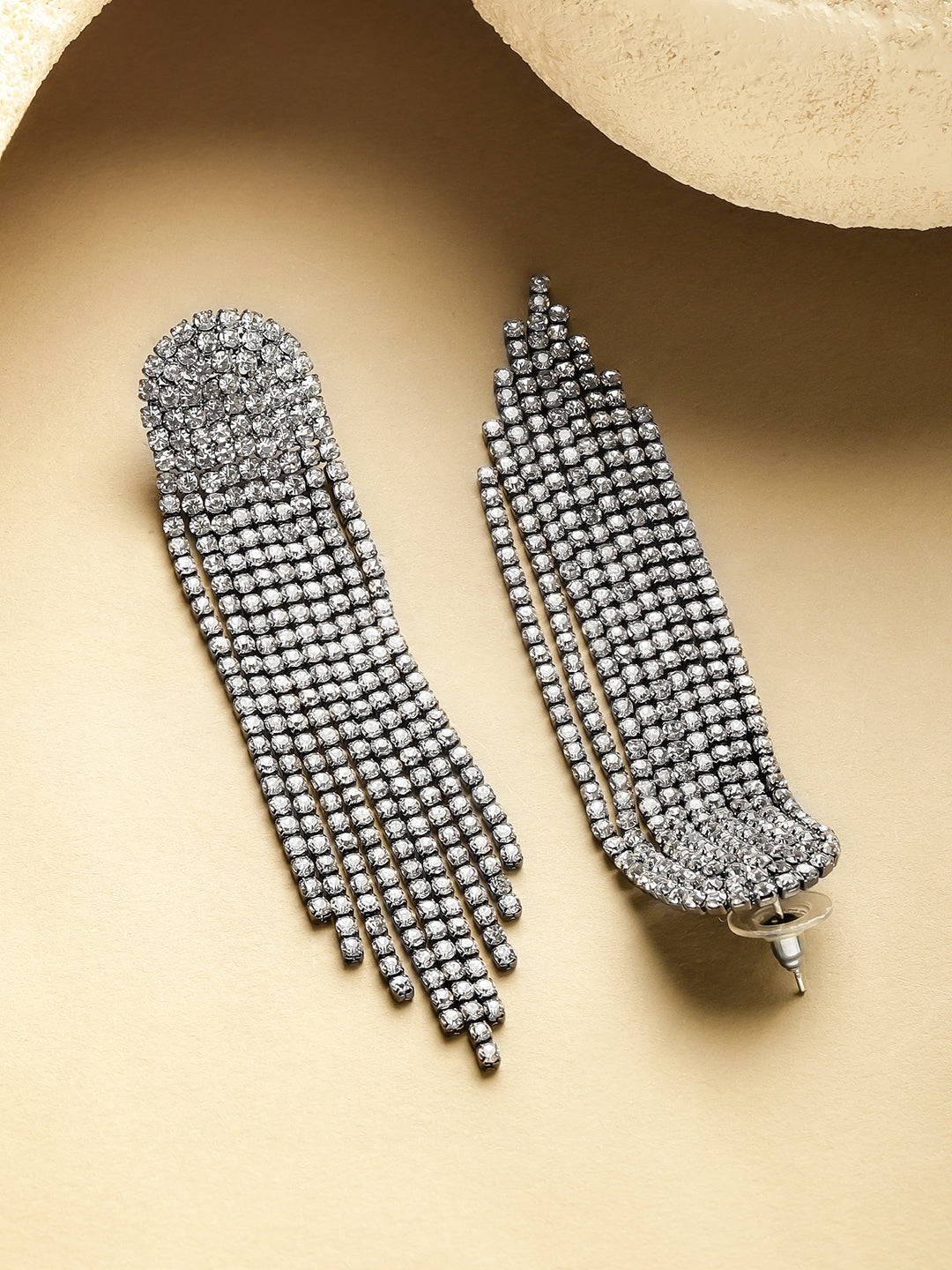 Rubans Voguish Rhodium-Plated Crystal White AD Long Tassel Glam Danglers Earrings