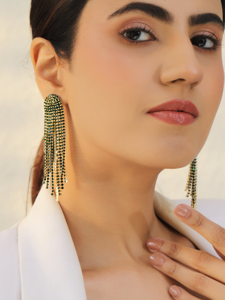 Rubans Rhodium-Plated Brass Emerald Green Crystal AD Stones Tassel Dangler Earrings
