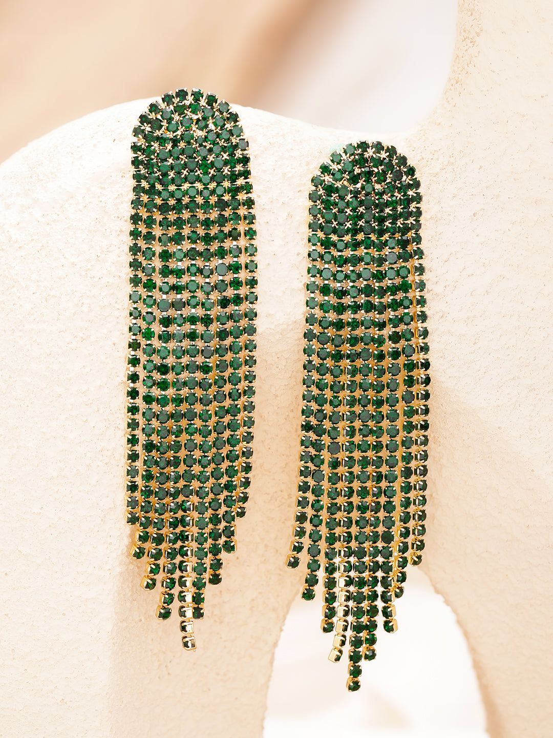 Rubans Rhodium-Plated Brass Emerald Green Crystal AD Stones Tassel Dangler Earrings