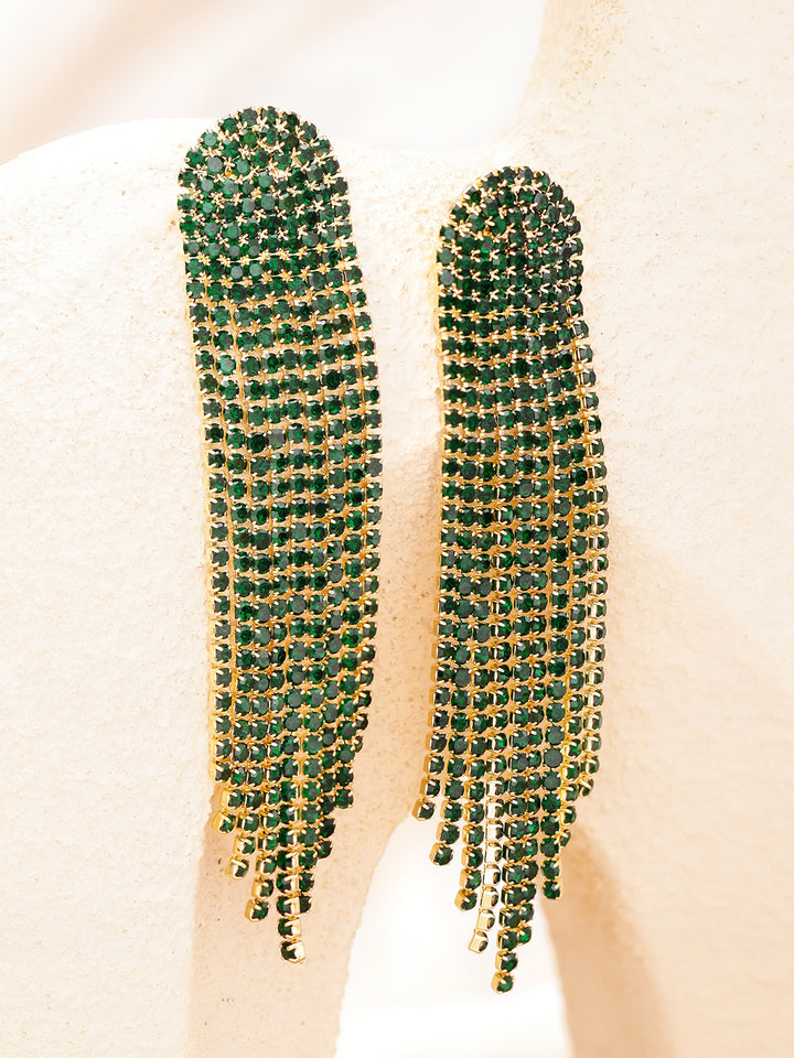 Rubans Rhodium-Plated Brass Emerald Green Crystal AD Stones Tassel Dangler Earrings