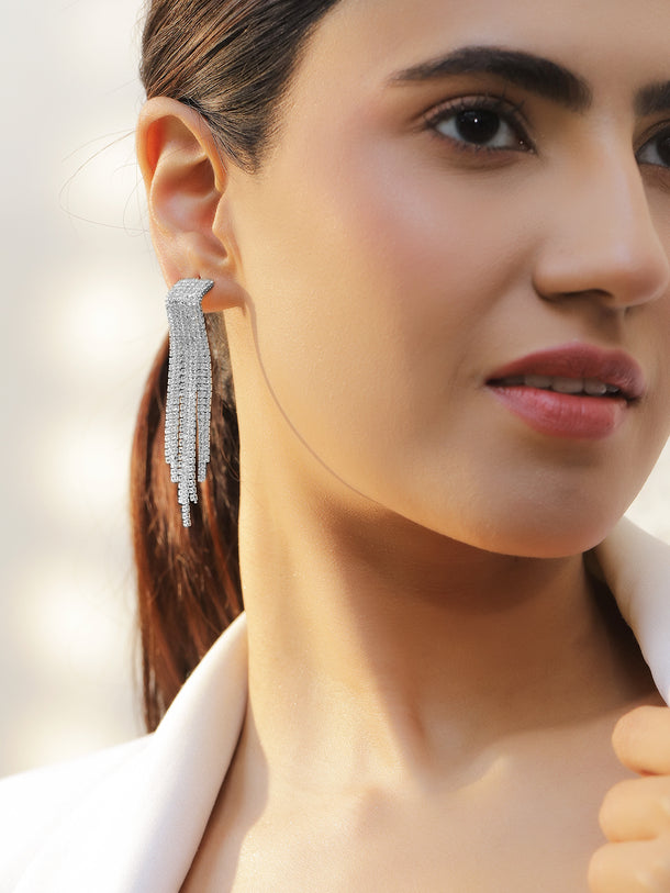 Crystal Silver Tassel Dangler Earrings