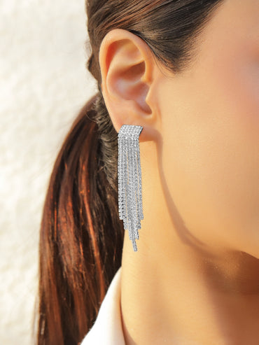 Rubans Voguish Rhodium-Plated Crystal White AD Sleek Long Tassel Danglers Earrings
