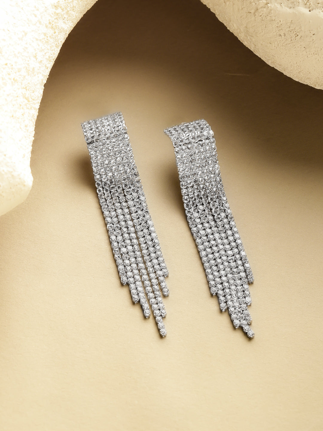 Rubans Voguish Rhodium-Plated Crystal White AD Sleek Long Tassel Danglers Earrings