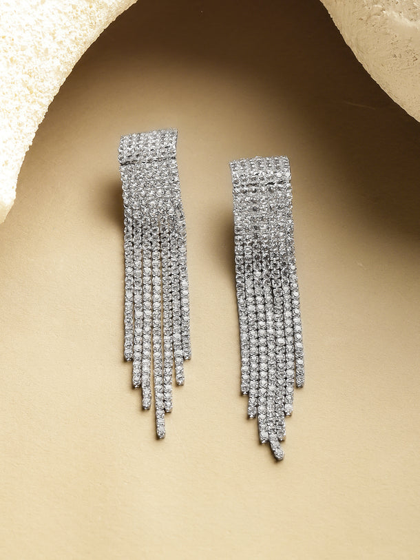 Crystal Silver Tassel Dangler Earrings