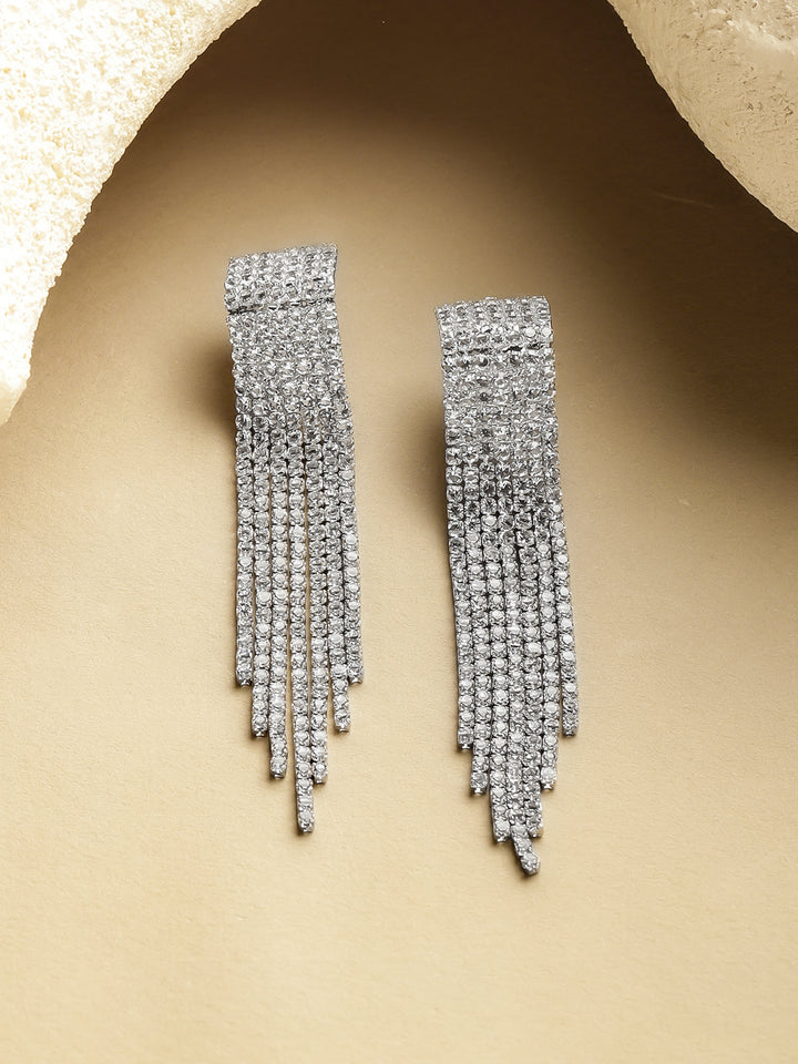 Rubans Voguish Rhodium-Plated Crystal White AD Sleek Long Tassel Danglers Earrings