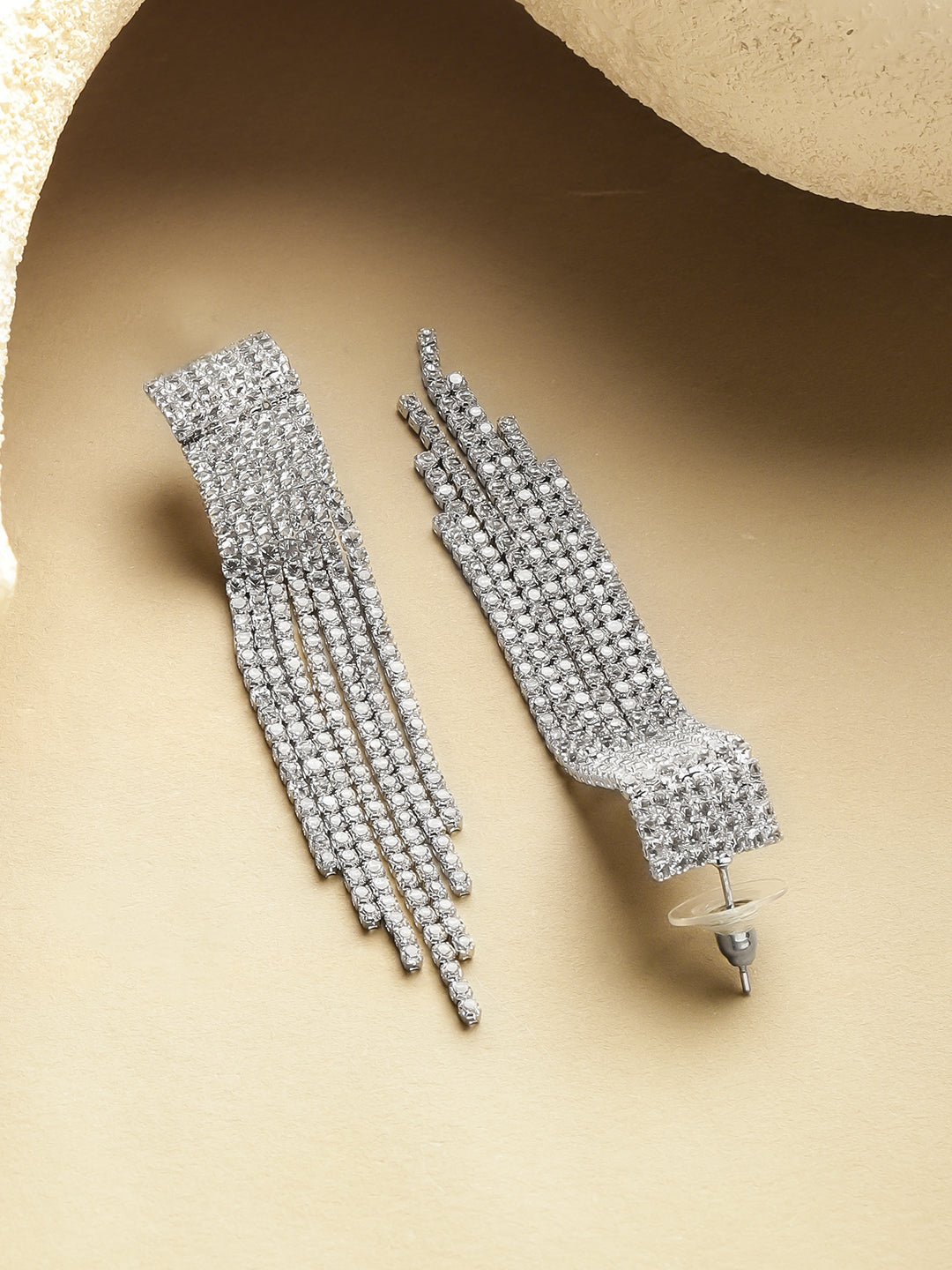 Rubans Voguish Rhodium-Plated Crystal White AD Sleek Long Tassel Danglers Earrings