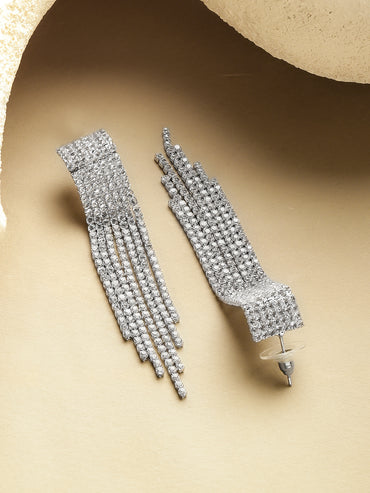 Rubans Voguish Rhodium-Plated Crystal White AD Sleek Long Tassel Danglers Earrings