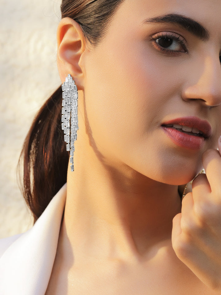 Rubans Voguish Rhodium-Plated Crystal White Baguette Feather Drop Danglers Earrings