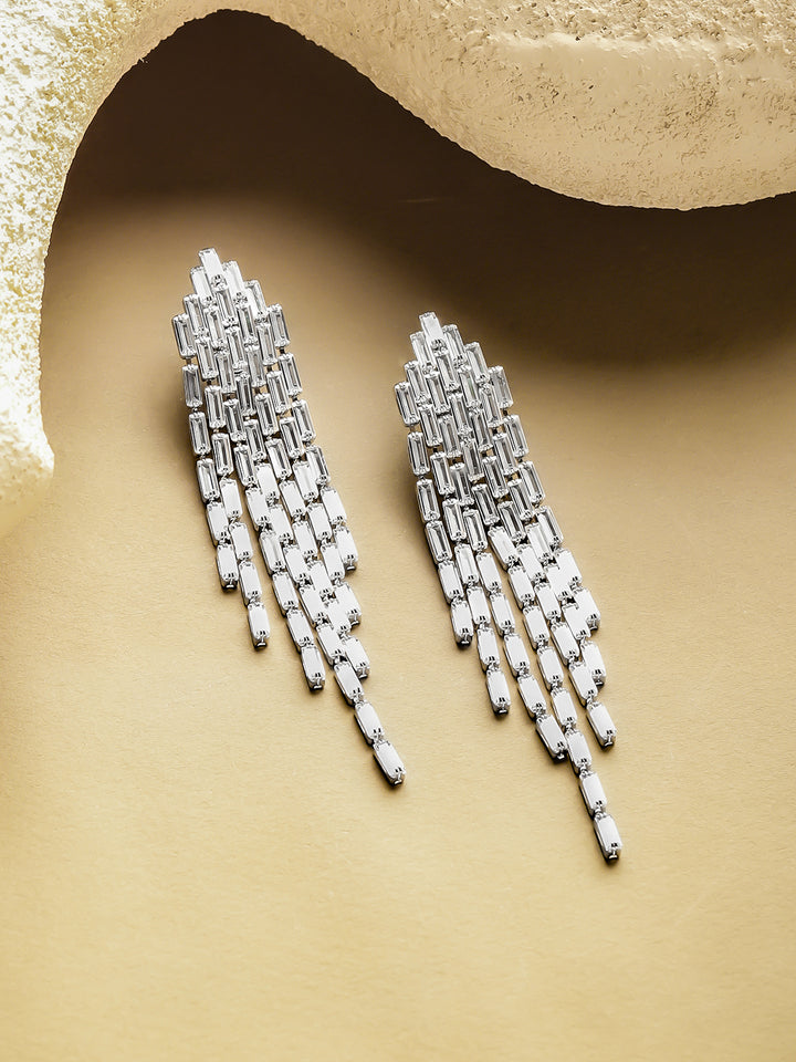 Rubans Voguish Rhodium-Plated Crystal White Baguette Feather Drop Danglers Earrings