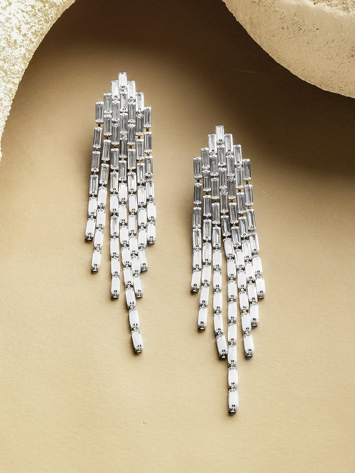 Rubans Voguish Rhodium-Plated Crystal White Baguette Feather Drop Danglers Earrings