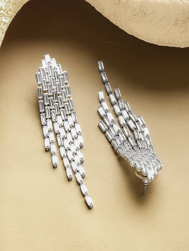 Rubans Voguish Rhodium-Plated Crystal White Baguette Feather Drop Danglers Earrings