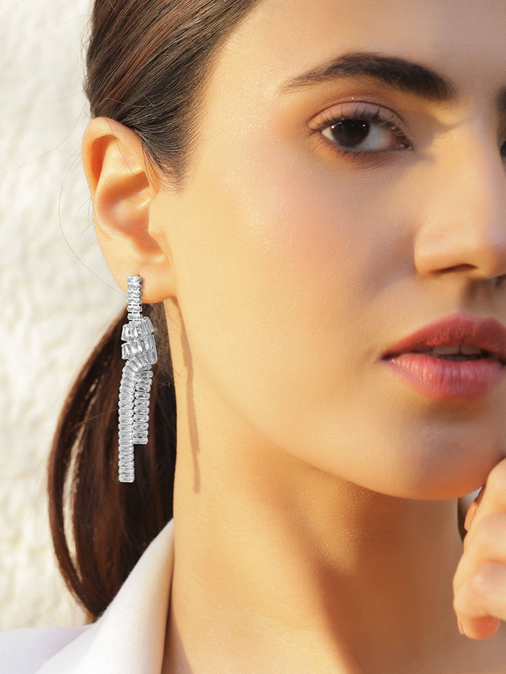 Rubans Voguish Rhodium-Plated Brass Crystal Cubic Zirconia Knot Drop Dangler Earrings