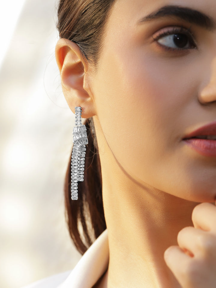 Rubans Voguish Rhodium-Plated Brass Crystal Cubic Zirconia Knot Drop Dangler Earrings