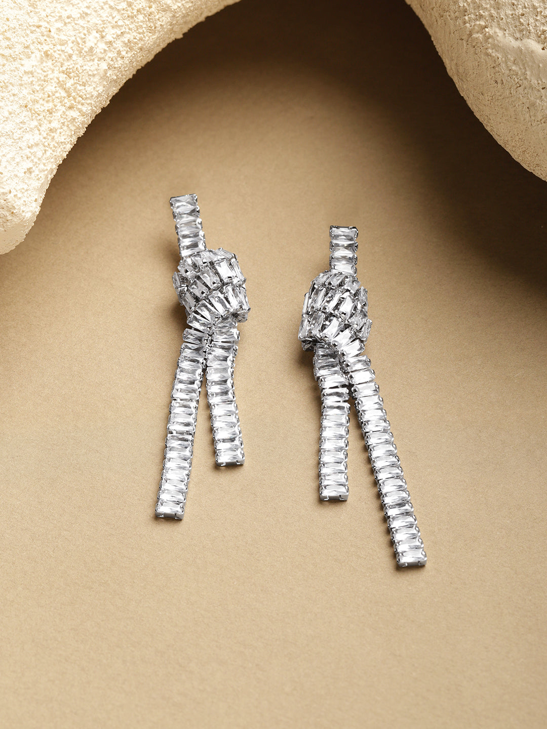 Rubans Voguish Rhodium-Plated Brass Crystal Cubic Zirconia Knot Drop Dangler Earrings