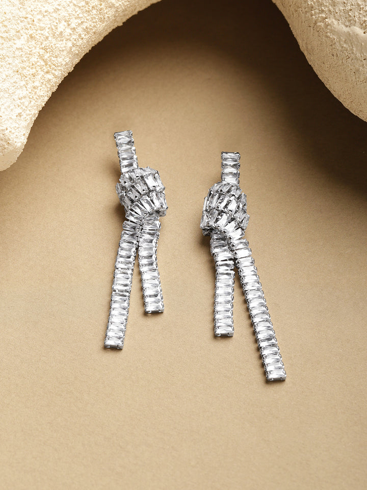 Rubans Voguish Rhodium-Plated Brass Crystal Cubic Zirconia Knot Drop Dangler Earrings