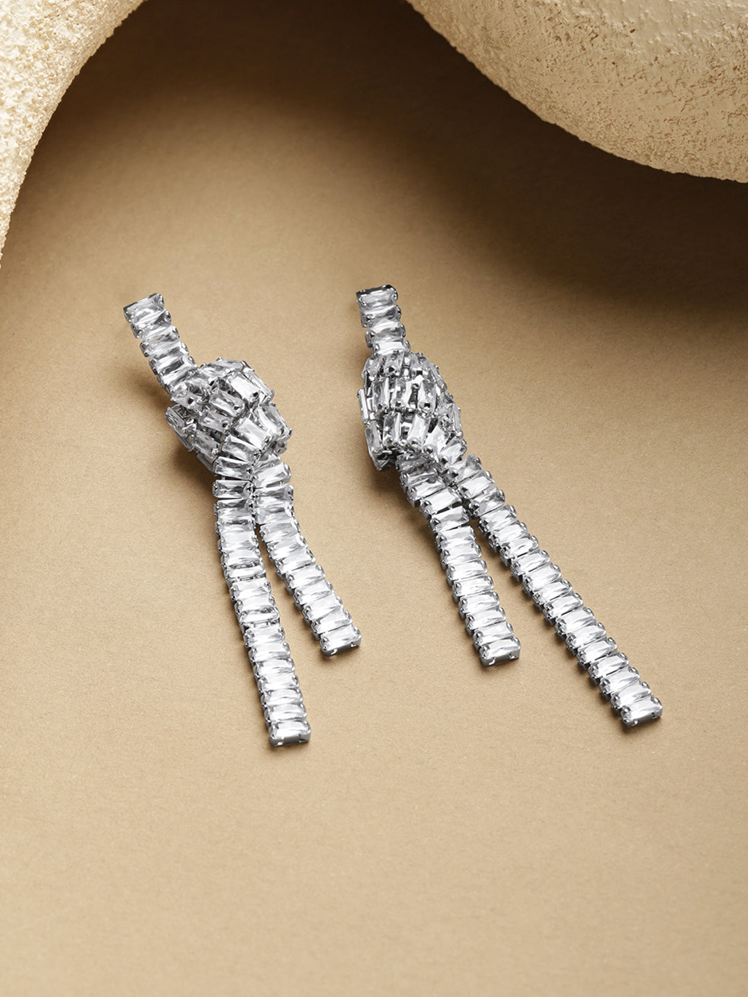 Rubans Voguish Rhodium-Plated Brass Crystal Cubic Zirconia Knot Drop Dangler Earrings