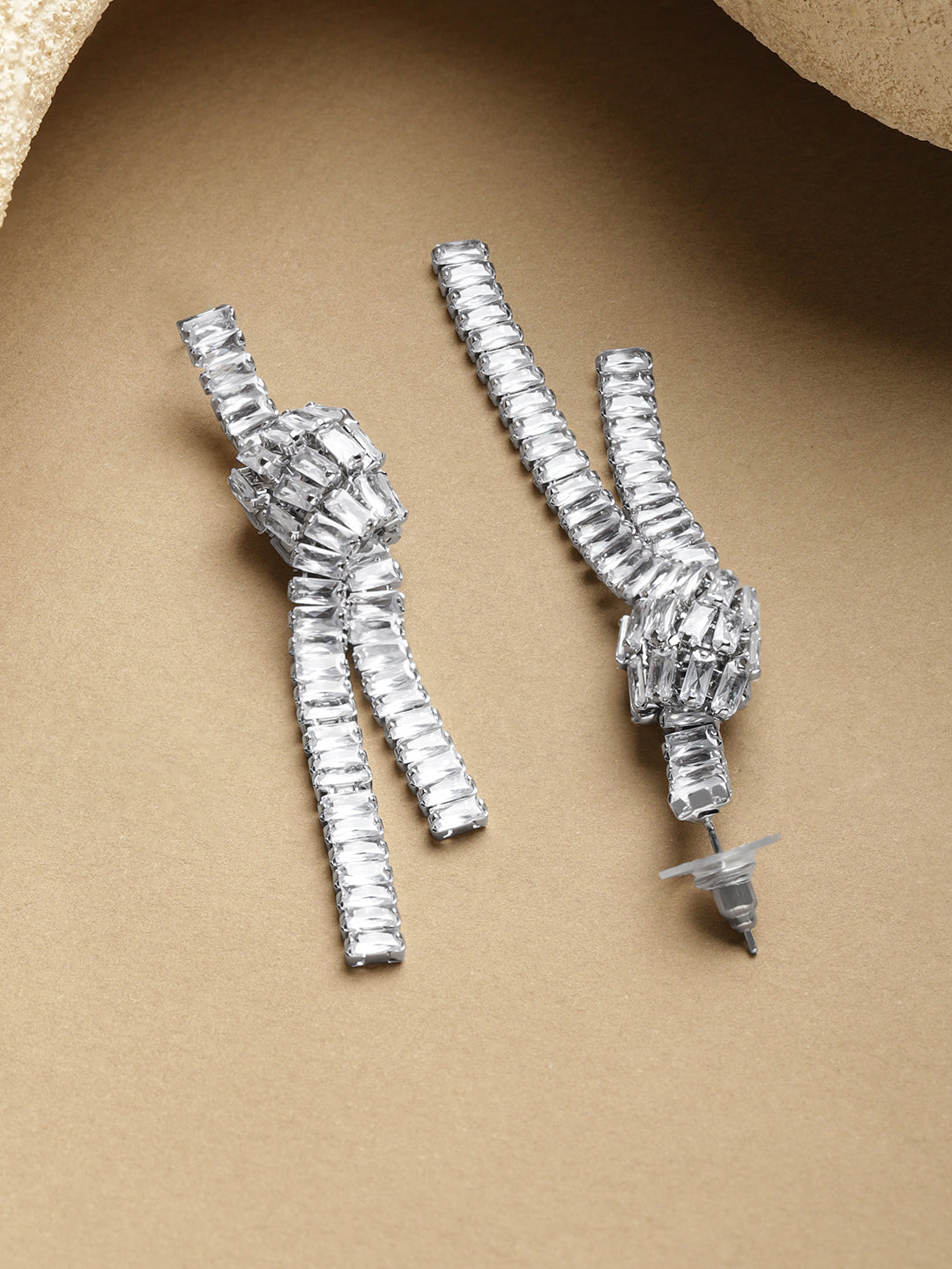 Rubans Voguish Rhodium-Plated Brass Crystal Cubic Zirconia Knot Drop Dangler Earrings