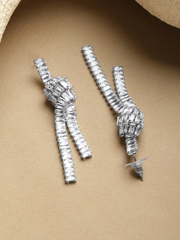 Rubans Voguish Rhodium-Plated Brass Crystal Cubic Zirconia Knot Drop Dangler Earrings