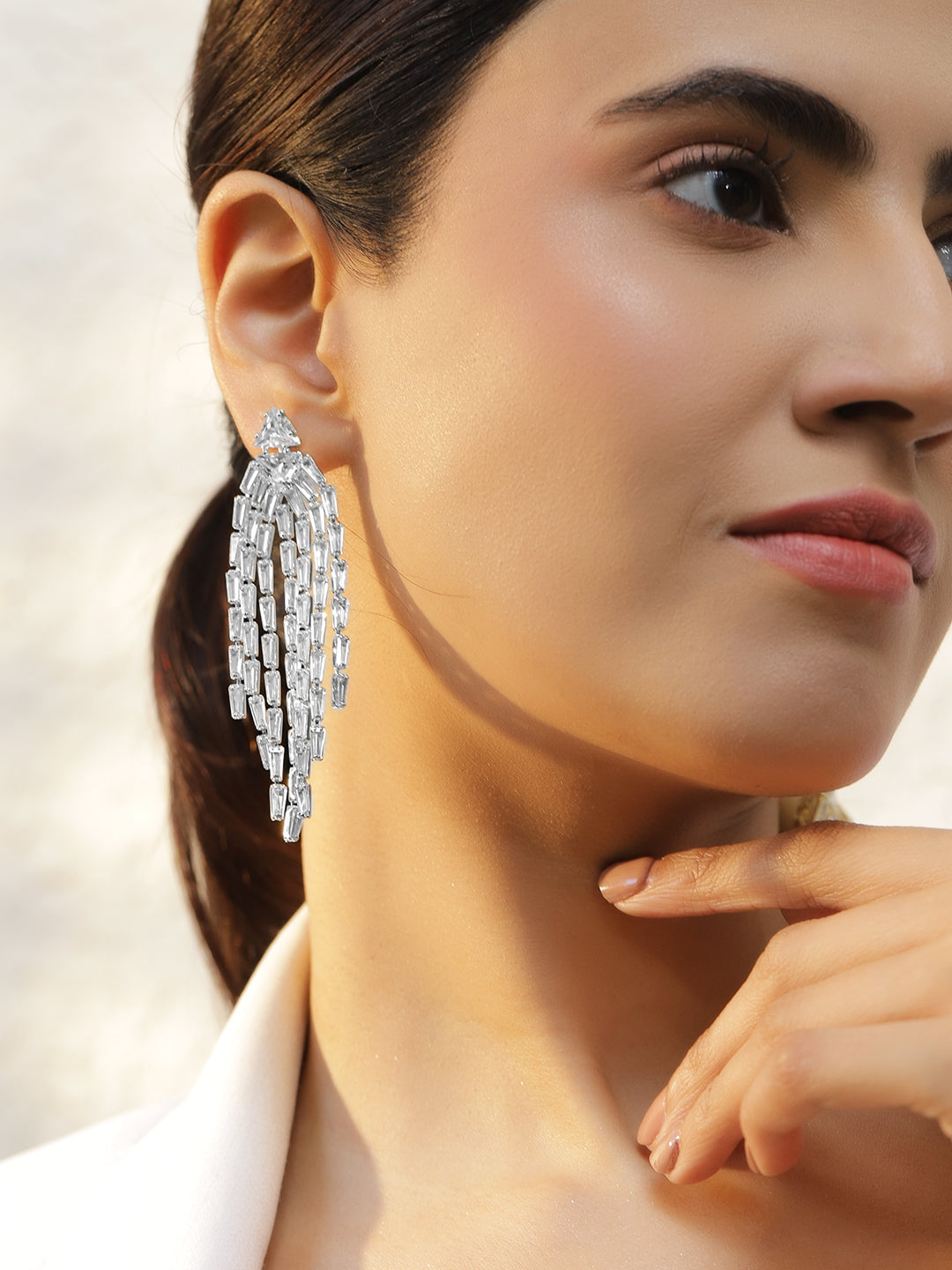 Rubans Voguish Rhodium-Plated Brass Crystal Cubic Zirconia Floral Twin-Strand Dangler Earrings