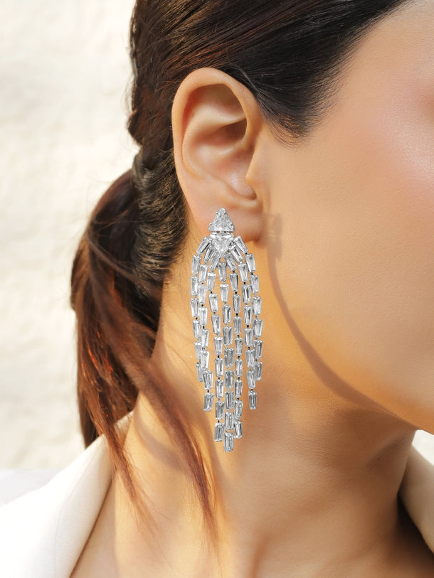 Rubans Voguish Rhodium-Plated Brass Crystal Cubic Zirconia Floral Twin-Strand Dangler Earrings