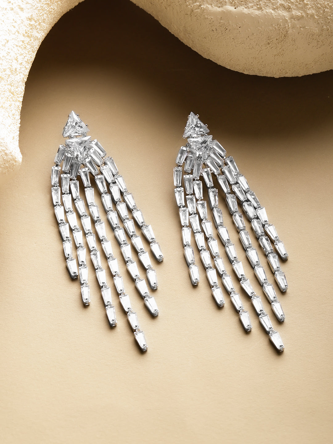 Rubans Voguish Rhodium-Plated Brass Crystal Cubic Zirconia Floral Twin-Strand Dangler Earrings