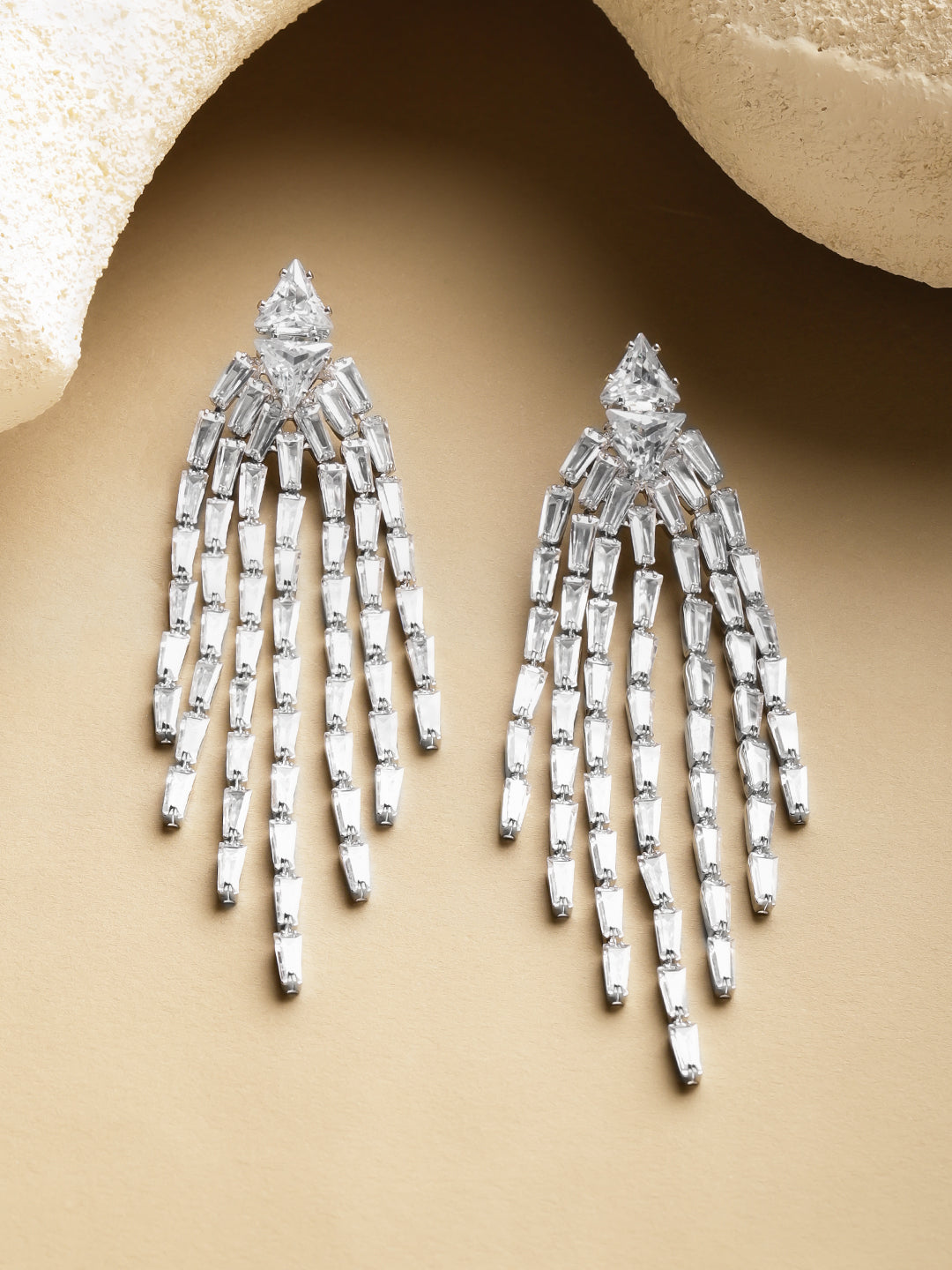 Rubans Voguish Rhodium-Plated Brass Crystal Cubic Zirconia Floral Twin-Strand Dangler Earrings