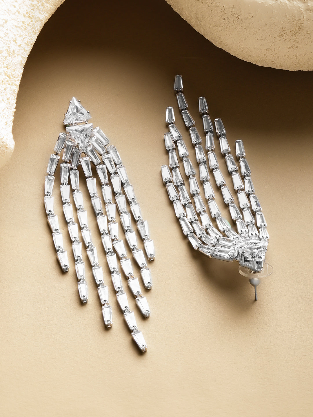 Rubans Voguish Rhodium-Plated Brass Crystal Cubic Zirconia Floral Twin-Strand Dangler Earrings