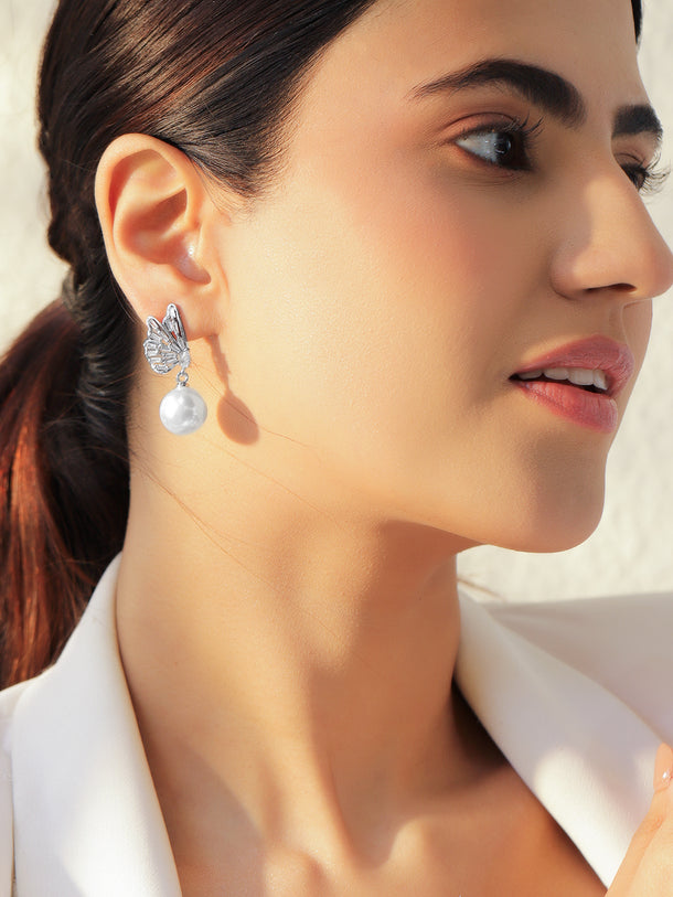 Rhodium Butterfly Motif Crystal Pearl Drop Earrings