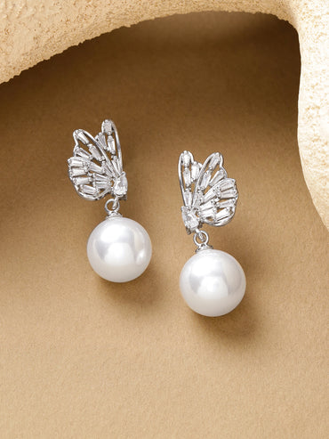 Rhodium Butterfly Motif Crystal Pearl Drop Earrings