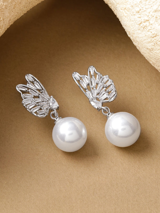 Rhodium Butterfly Motif Crystal Pearl Drop Earrings