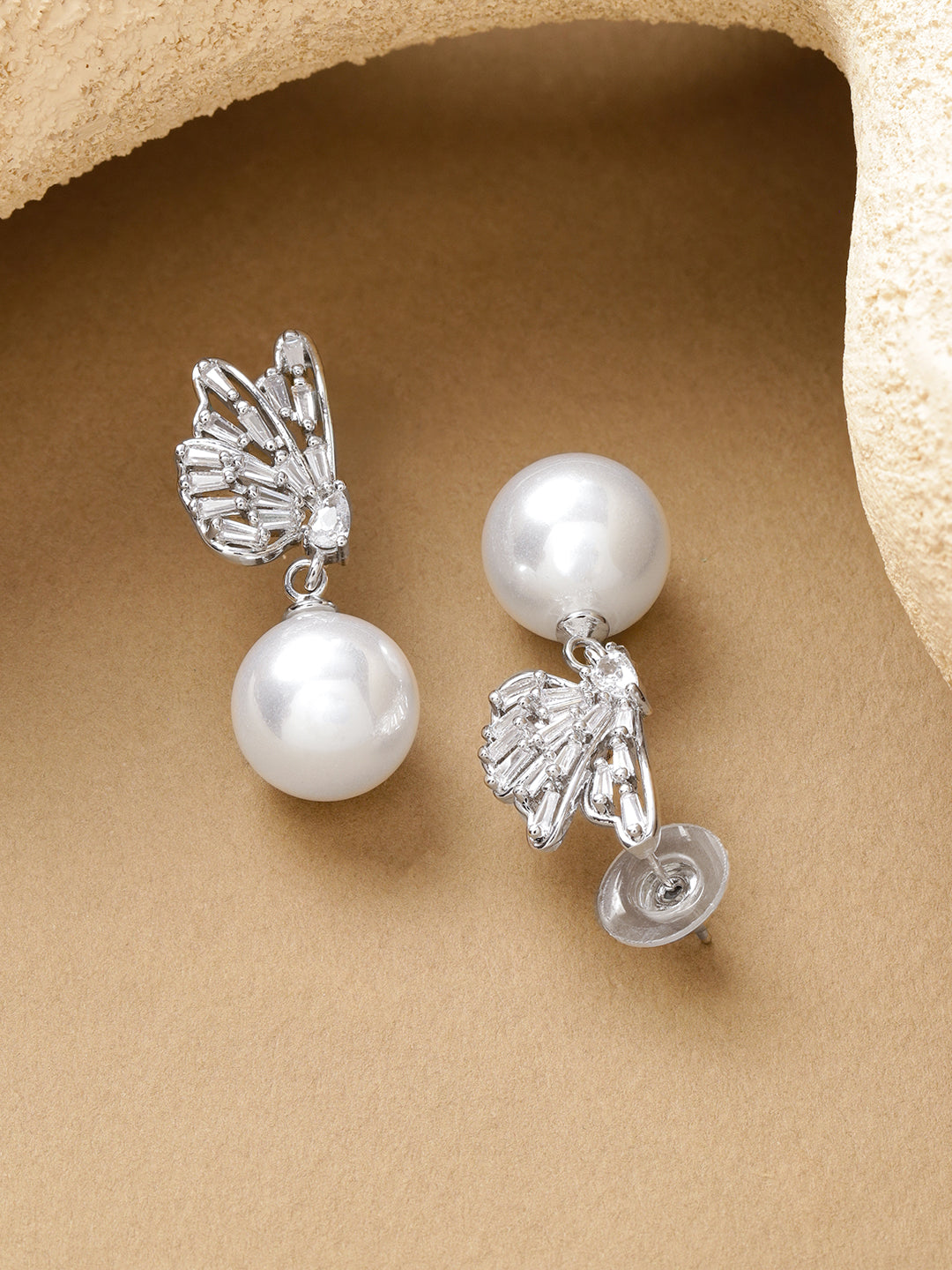Rubans Voguish Rhodium-Plated Butterfly Wing Crystal AD Stud and White Pearl Drop Earrings