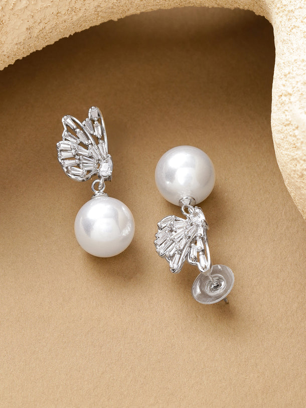 Rhodium Butterfly Motif Crystal Pearl Drop Earrings