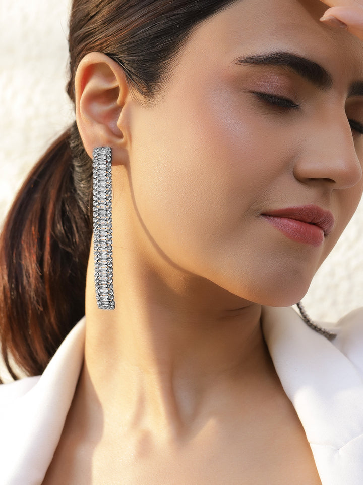 Rubans Voguish Rhodium-Plated Brass Black-Silver Crystal Cubic Zirconia Statement Earrings