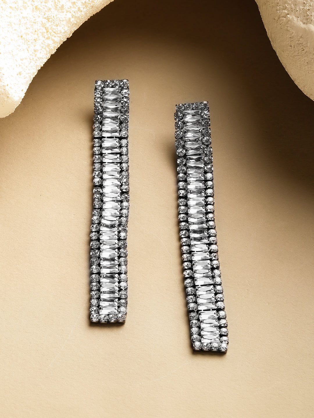 Rubans Voguish Rhodium-Plated Brass Black-Silver Crystal Cubic Zirconia Statement Earrings