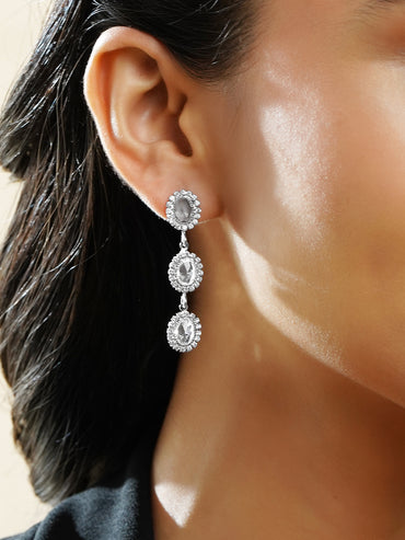 Rubans Voguish Rhodium Plated Clear Cubic Zirconia Triple Drop Dangler Earrings