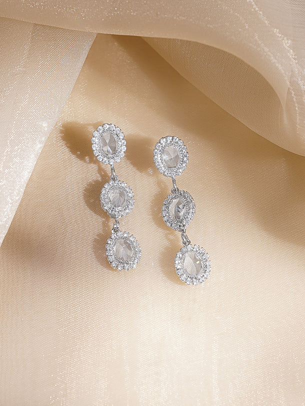 Rubans Voguish Rhodium Plated Clear Cubic Zirconia Triple Drop Dangler Earrings