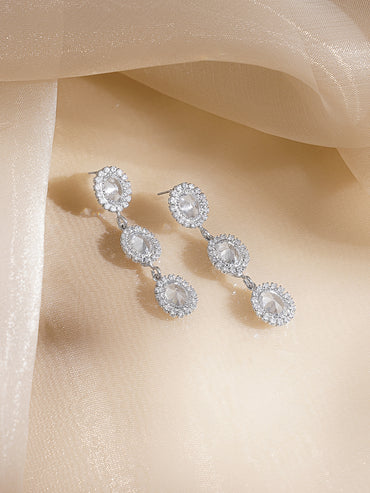 Rubans Voguish Rhodium Plated Clear Cubic Zirconia Triple Drop Dangler Earrings