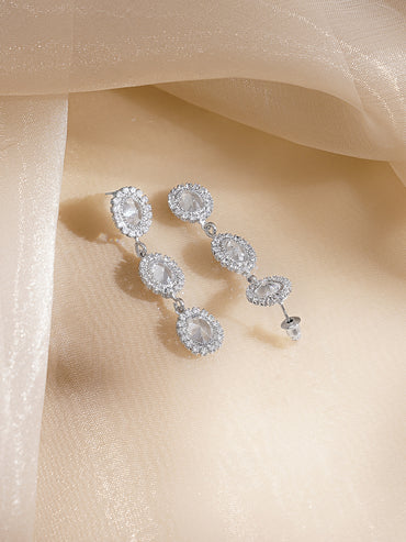 Rubans Voguish Rhodium Plated Clear Cubic Zirconia Triple Drop Dangler Earrings