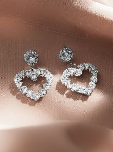 Rubans Voguish Rhodium Plated Crystal AD Embellished Heart-Shaped Drop Earrings