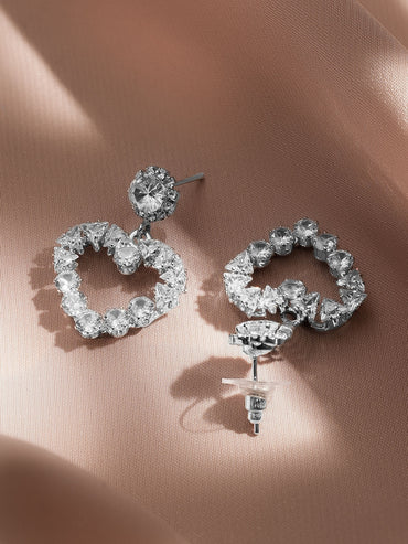 Rubans Voguish Rhodium Plated Crystal AD Embellished Heart-Shaped Drop Earrings
