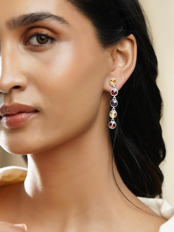 Rubans Voguish Rhodium-Plated Multicolour Crystal Rhinestone Statement Drop Earrings