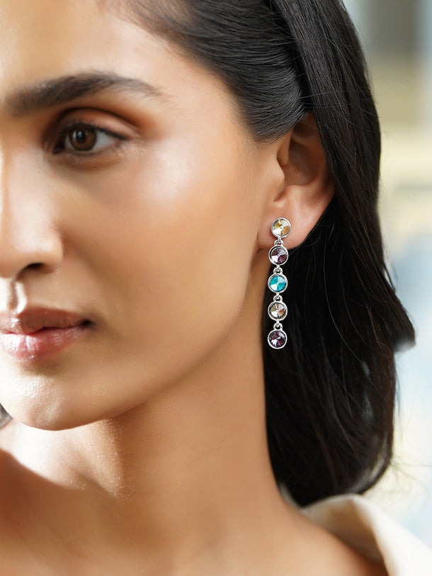 Rubans Voguish Rhodium-Plated Multicolour Crystal Stone Drop Dangler Earrings